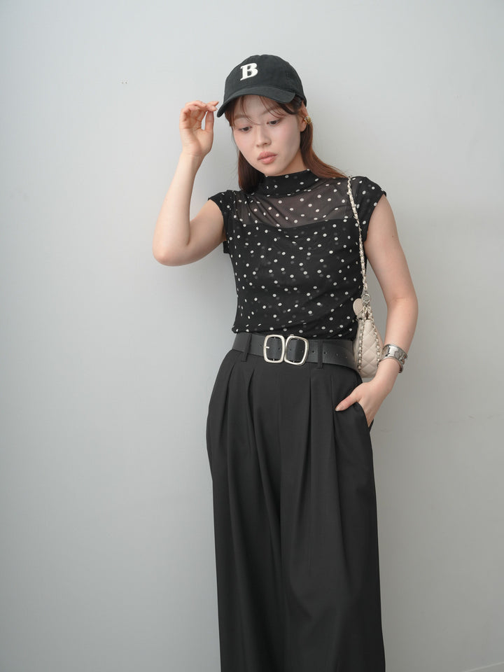 [SET]プチネックドットシアートップス+ダブルバックルベルト付ワイドパンツ(2set)