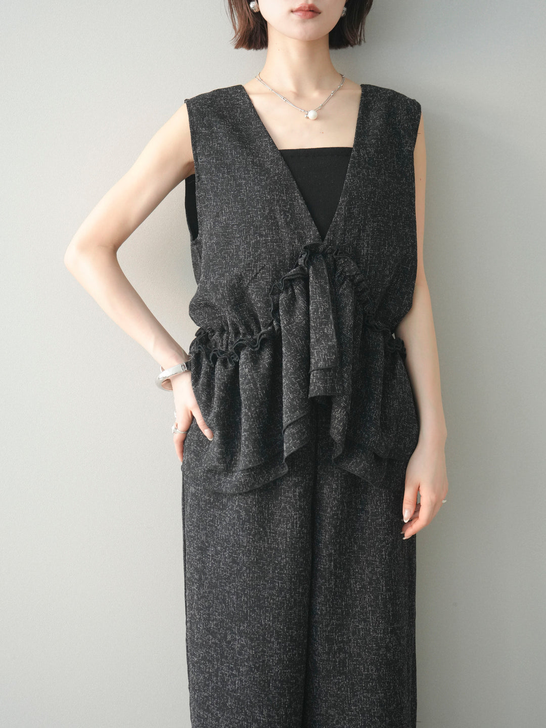 [SET]3WAYミックスツイードギャザーオールインワン+選べるアクセセット(2set)