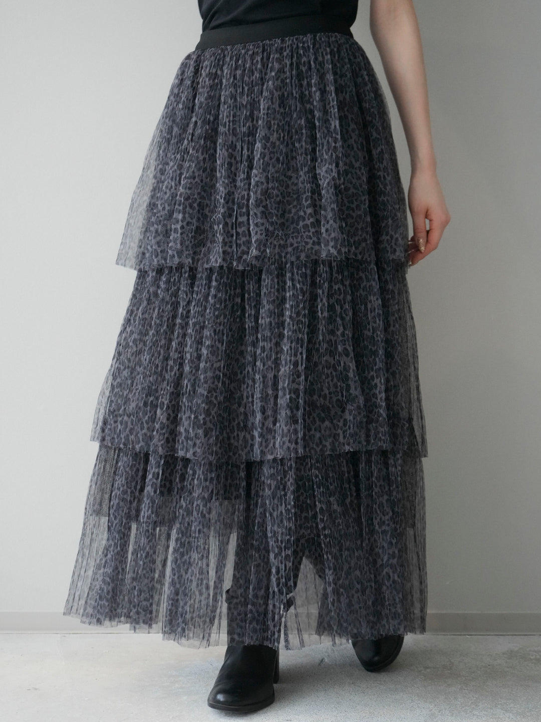 [予約]レオパード柄チュールフリルスカート/gray