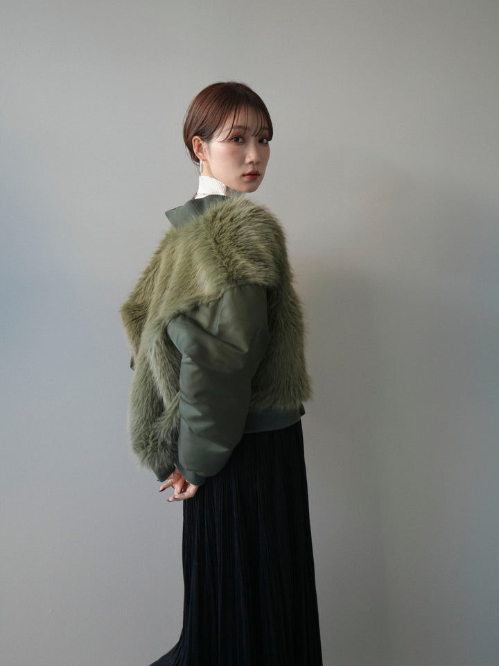 [SET]ファードッキングMA-1+袖ボタンボトルネックリブニットトップス+裾レーススウェードプリーツマキシスカート(3set)