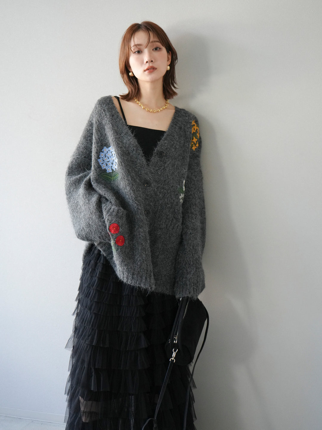 [SET] 花朵刺繡V領寬鬆針織開襟衫 + 薄紗層疊裙 (2套)