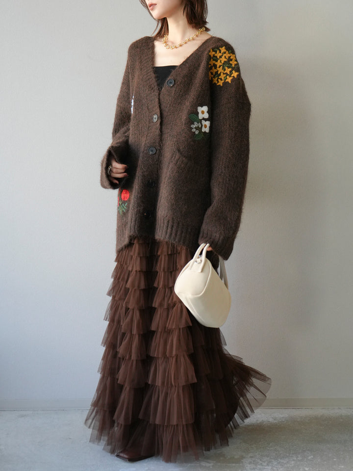[SET] 花朵刺繡V領寬鬆針織開襟衫 + 薄紗層疊裙 (2套)