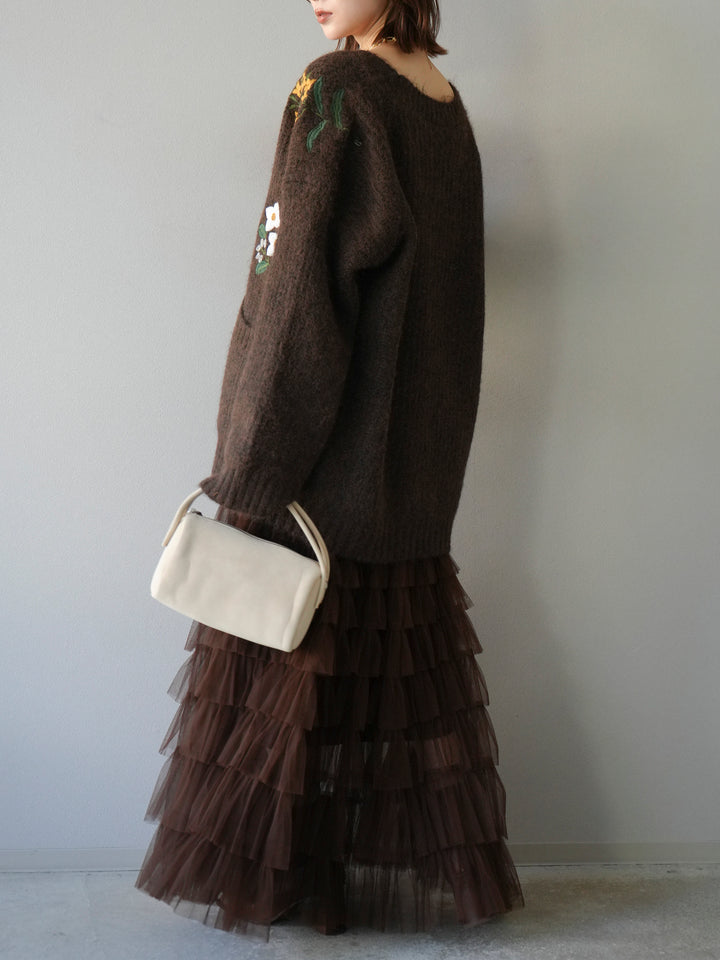 [SET] 花朵刺繡V領寬鬆針織開襟衫 + 薄紗層疊裙 (2套)