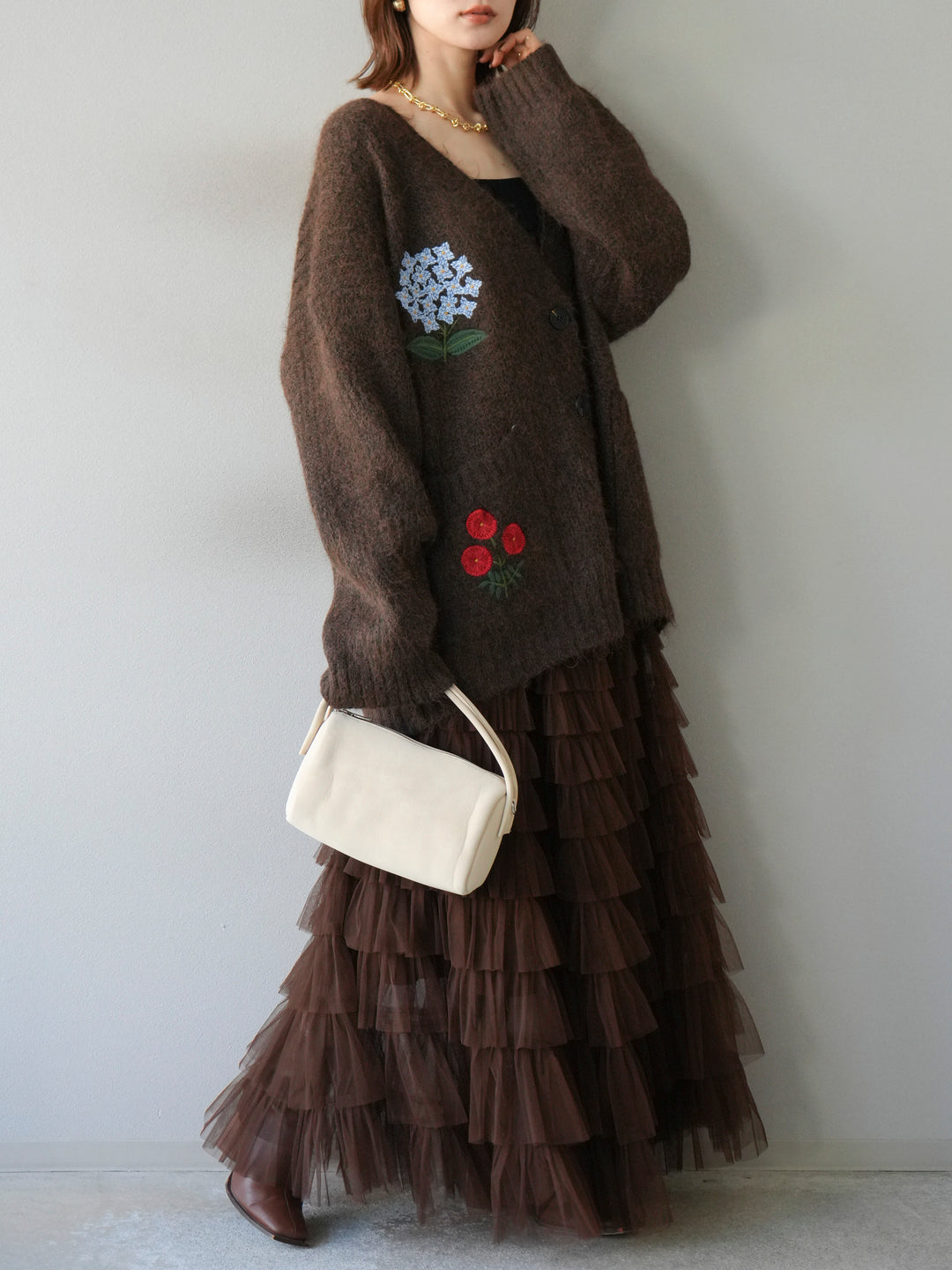 [SET] 花朵刺繡V領寬鬆針織開襟衫 + 薄紗層疊裙 (2套)