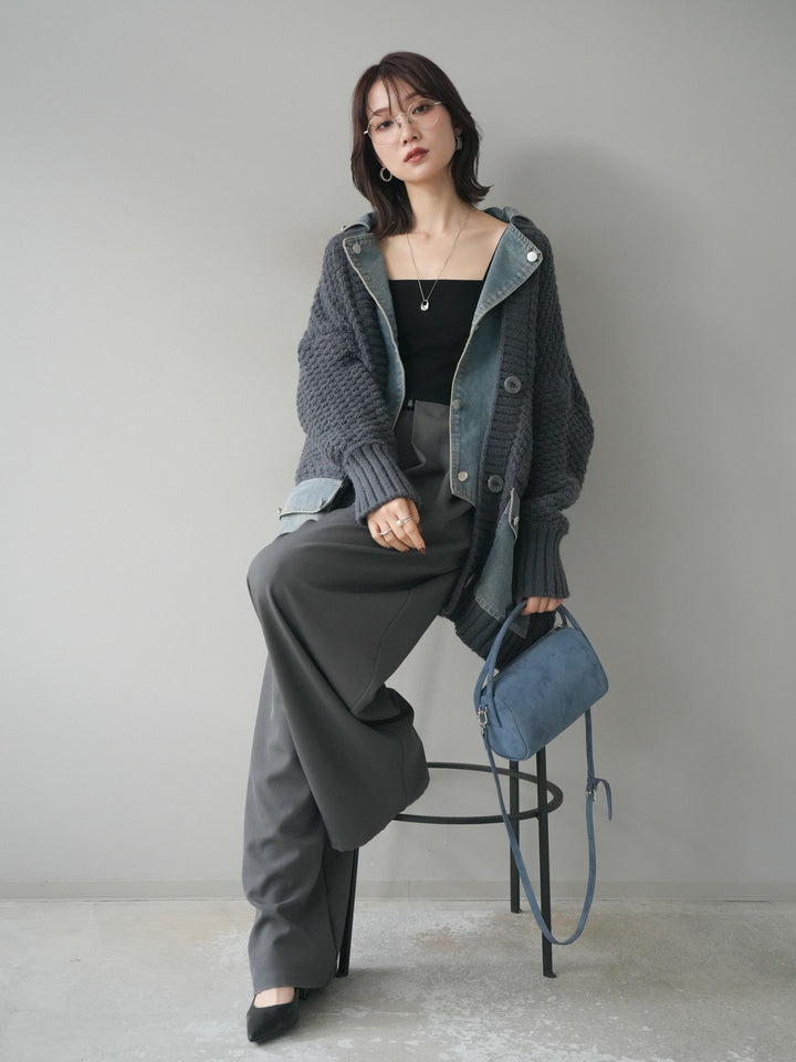 [SET]デニム襟レイヤードニットジャケット+ベルトループデザインワイドパンツ(2set)