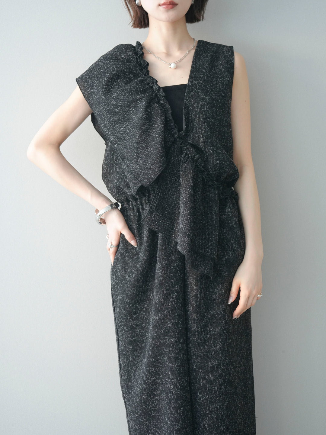 [SET]3WAYミックスツイードギャザーオールインワン+選べるアクセセット(2set)