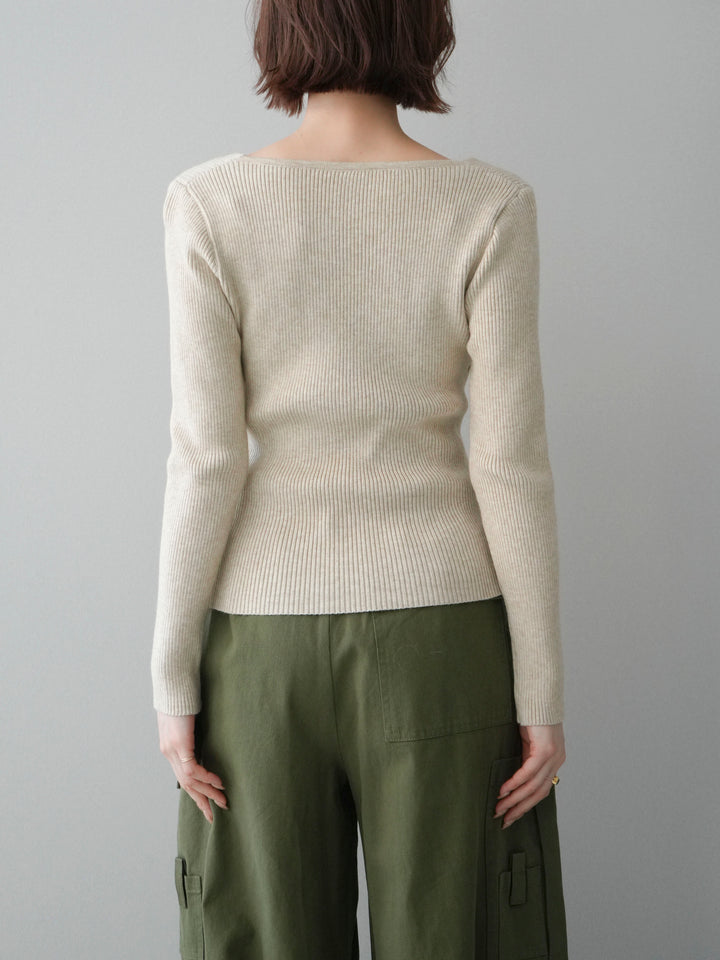 [予約]Vネック配色レイヤードスリットニットトップス/beige