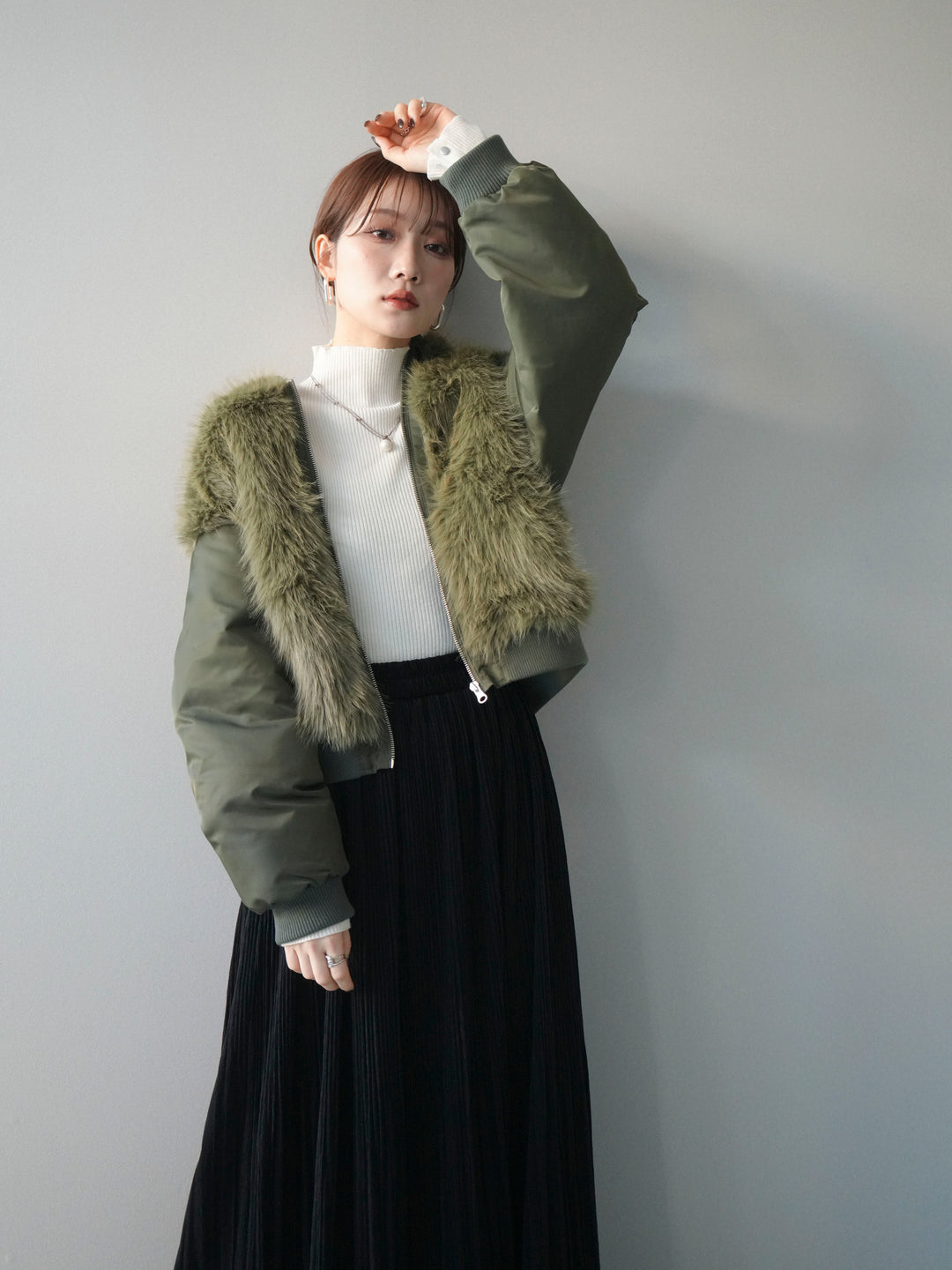 [SET]ファードッキングMA-1+裾レーススウェードプリーツマキシスカート(2set)