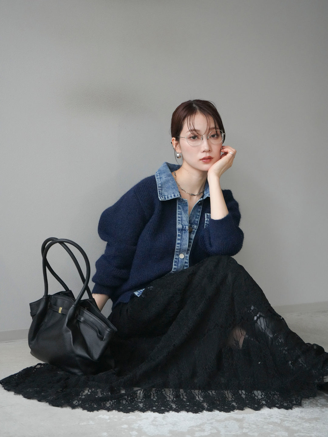 [予約]デニム襟ポケットニットカーディガン/navy