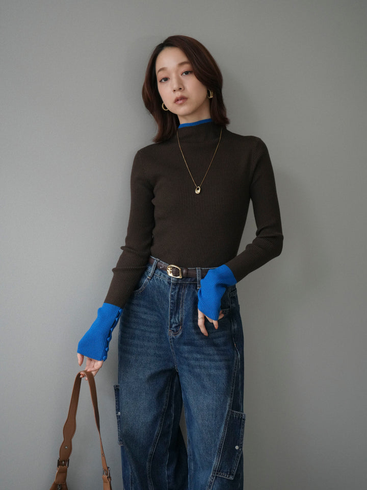 [予約]袖ボタンハイネック配色リブニットトップス/brown