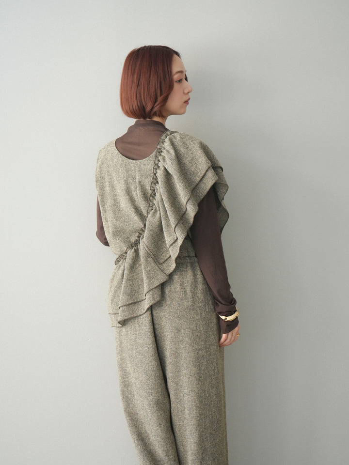 [SET]3WAYミックスツイードギャザーオールインワン+シアープチネックストレッチトップス(2set)