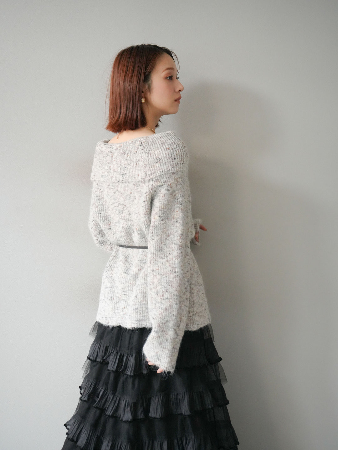 [予約]ミックスヤーンオフショルルーズニットプルオーバー/ベージュ