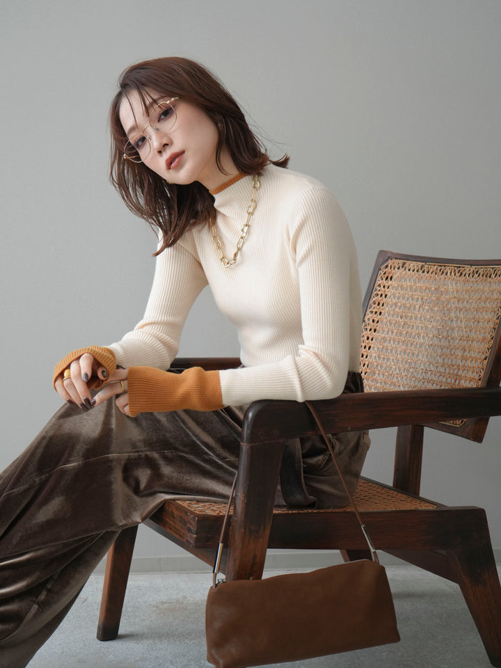 [予約]袖ボタンハイネック配色リブニットトップス/ivory