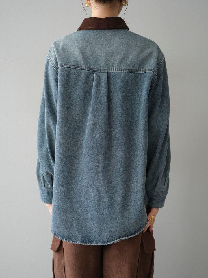 [予約]裏起毛コーデュロイ襟デニムシャツジャケット/ blue