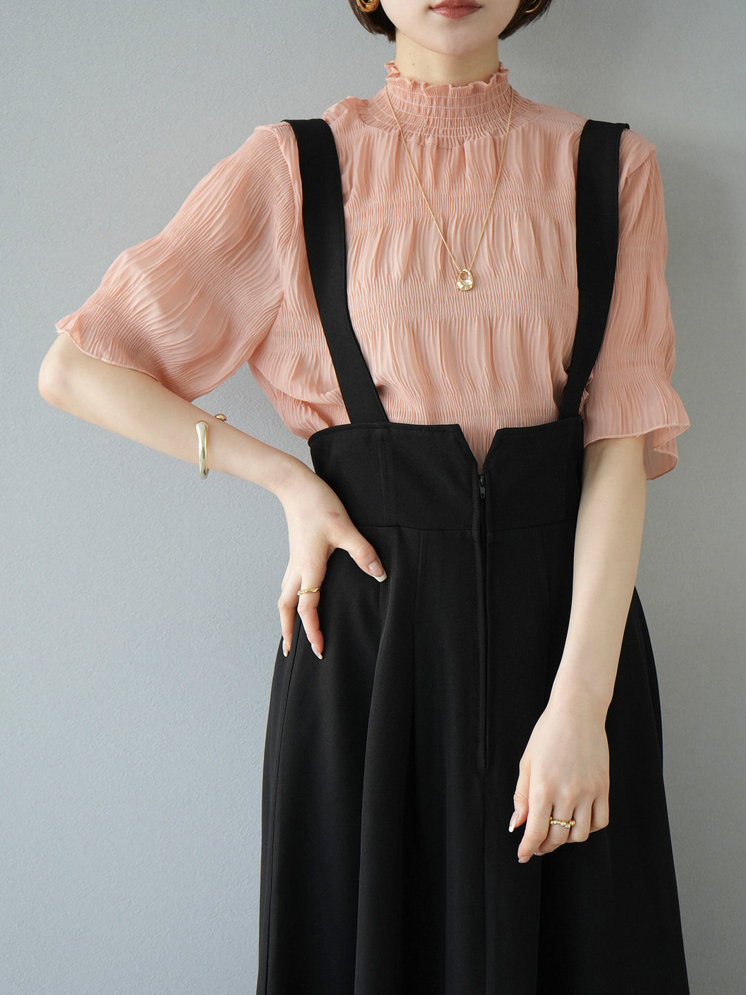 [SET] Shirring chiffon half sleeve blouse + 2WAY flare jumper skirt (2set)