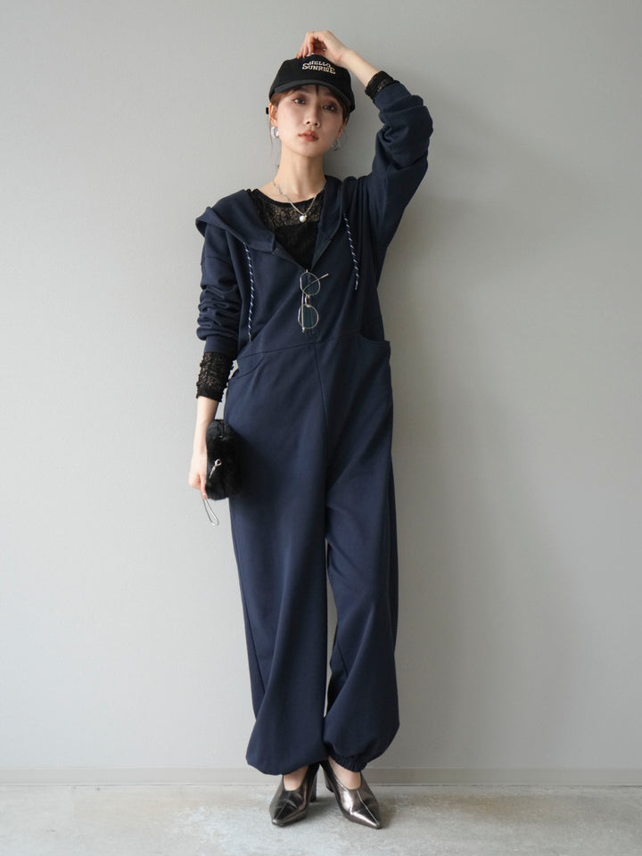 [予約]ミニ裏毛フーディージャンプスーツ/ダークネイビー