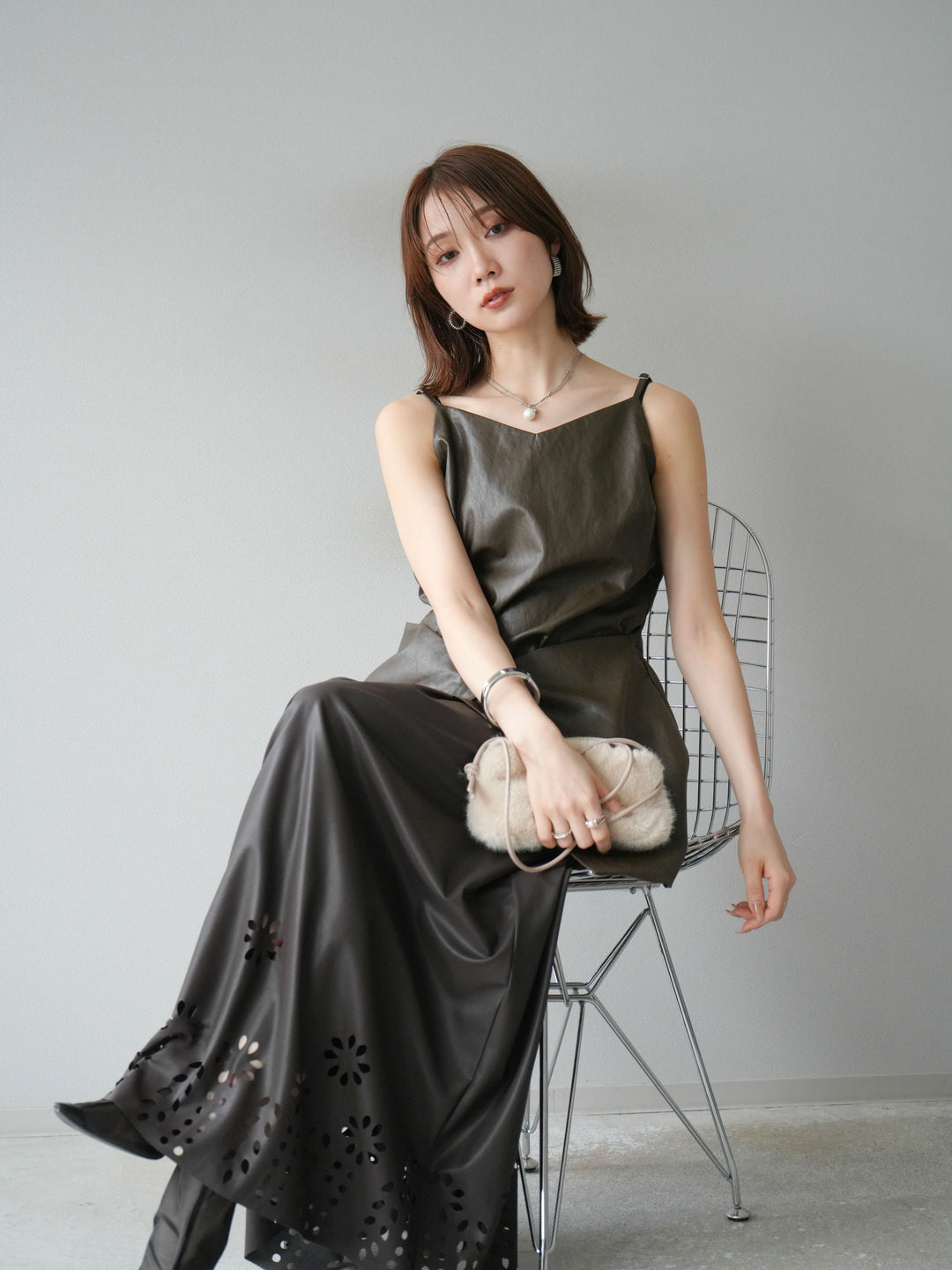 [予約]レイヤードレザーキャミソールチュニック/ブラウン