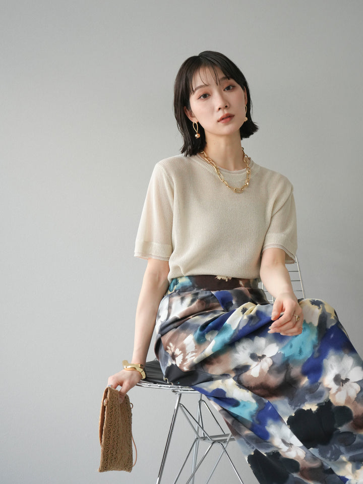 [SET]リネンタッチ配色二重臼ハーフニットトップス+選べるアソート柄スカートセット(2set)