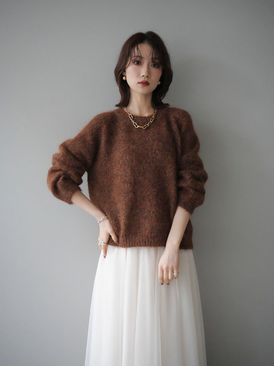 [SET]ロゴラベルミックスヤーンニットプルオーバー+チュールボリュームスカート(2set)