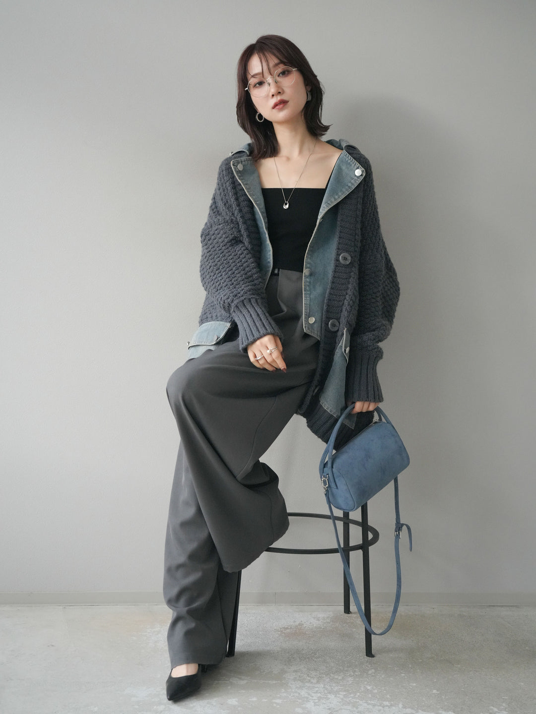 [SET]デニム襟レイヤードニットジャケット+デニム襟レイヤードニットジャケット(2set)