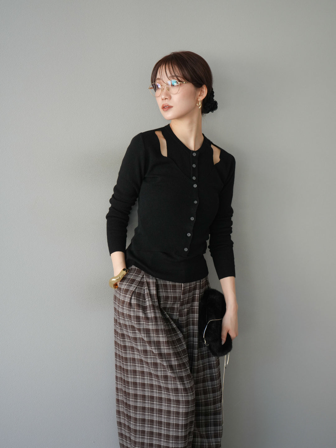 [予約]レイヤードデザインニットカーディガン/ブラック