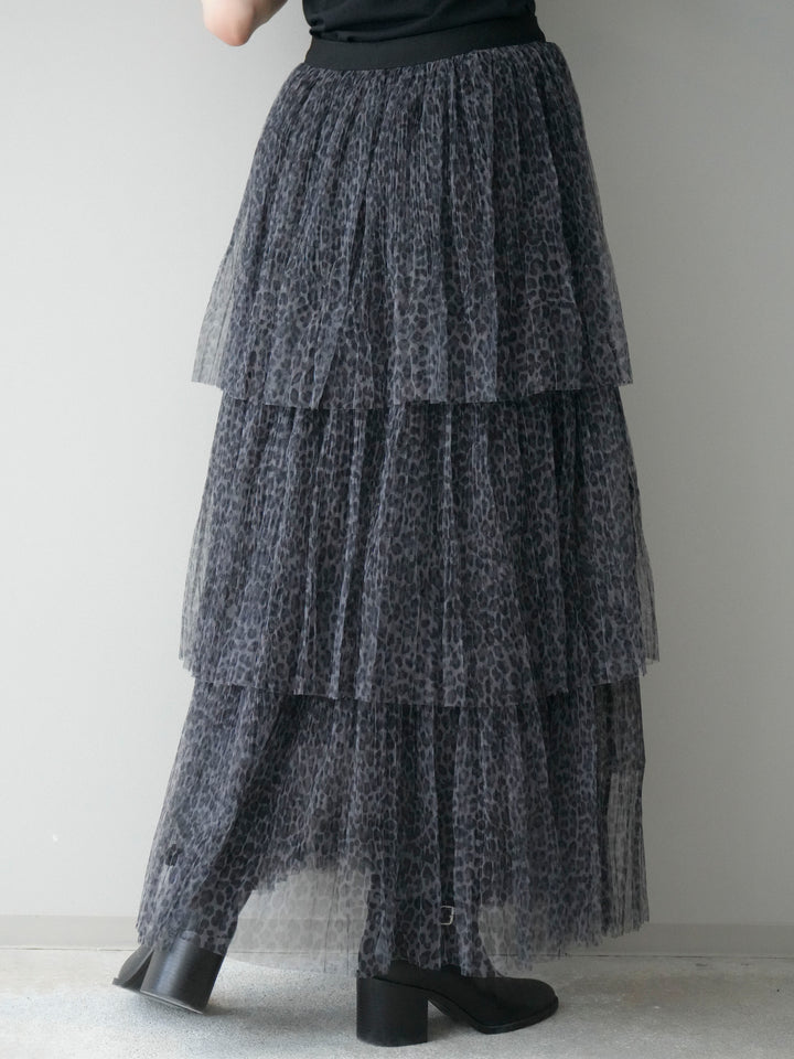 [予約]レオパード柄チュールフリルスカート/gray