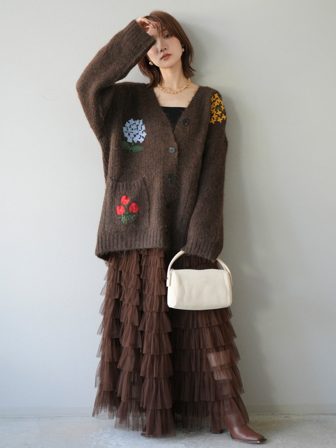 [SET] 花朵刺繡V領寬鬆針織開襟衫 + 薄紗層疊裙 (2套)