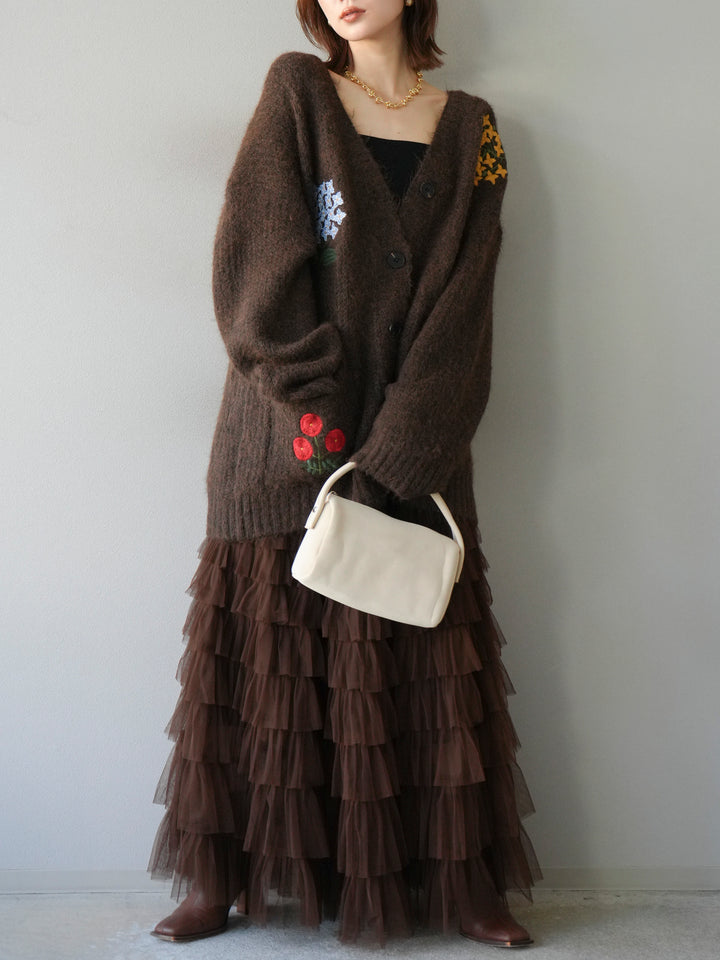 [SET] 花朵刺繡V領寬鬆針織開襟衫 + 薄紗層疊裙 (2套)