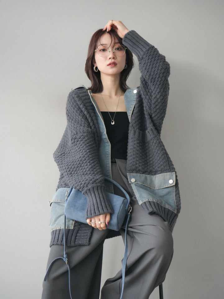 [予約]デニム襟レイヤードニットジャケット/gray
