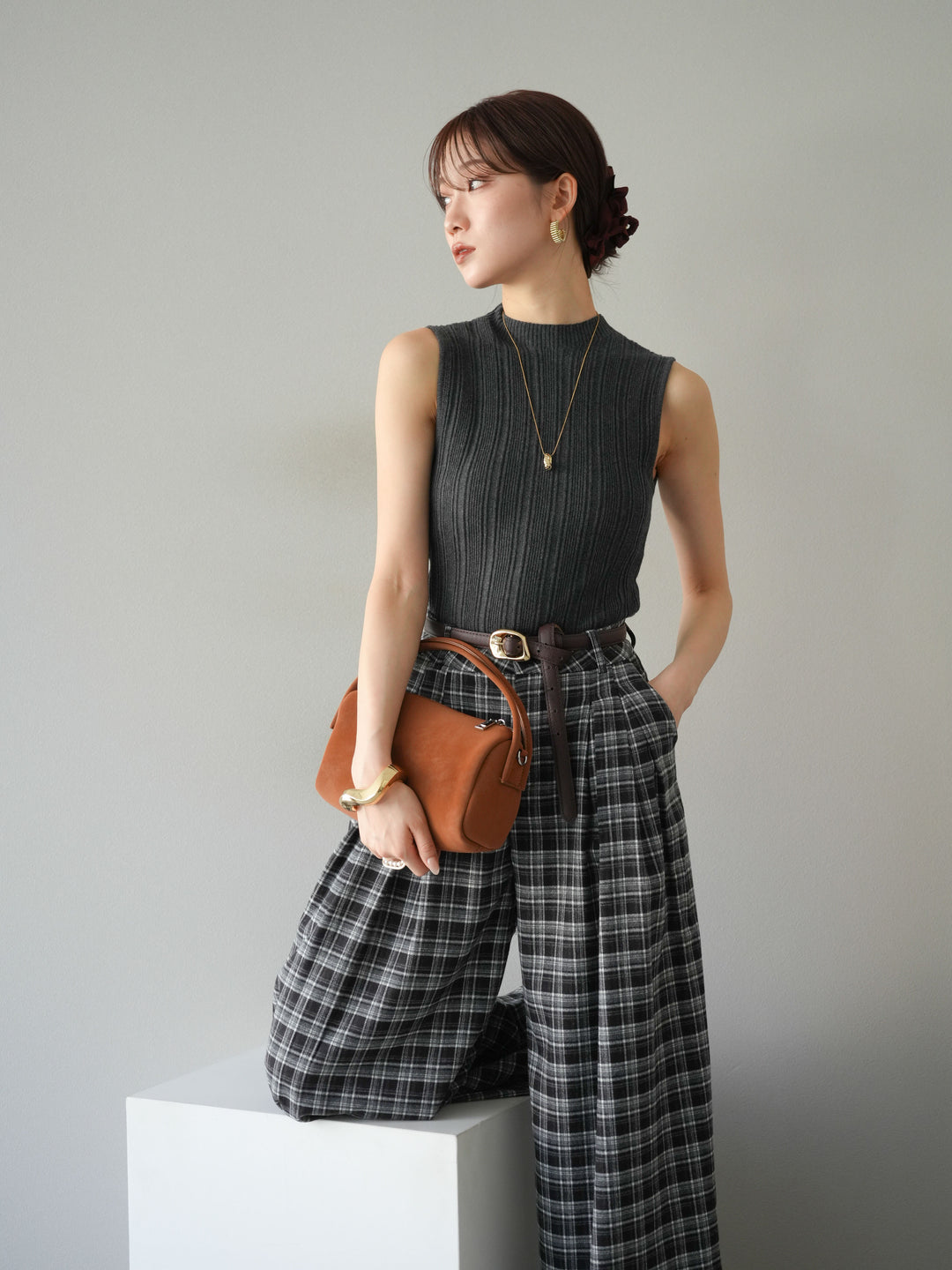 [予約]スリーブレスランダムリブニットトップス/グレー