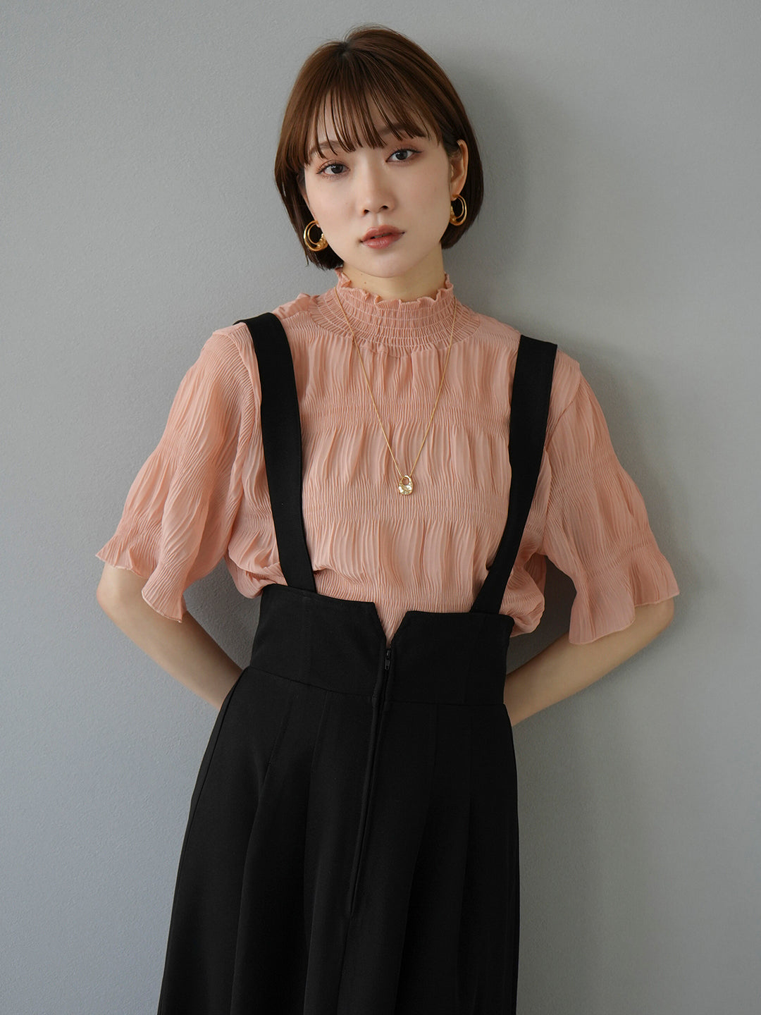 [SET] Shirring chiffon half sleeve blouse + 2WAY flare jumper skirt (2set)