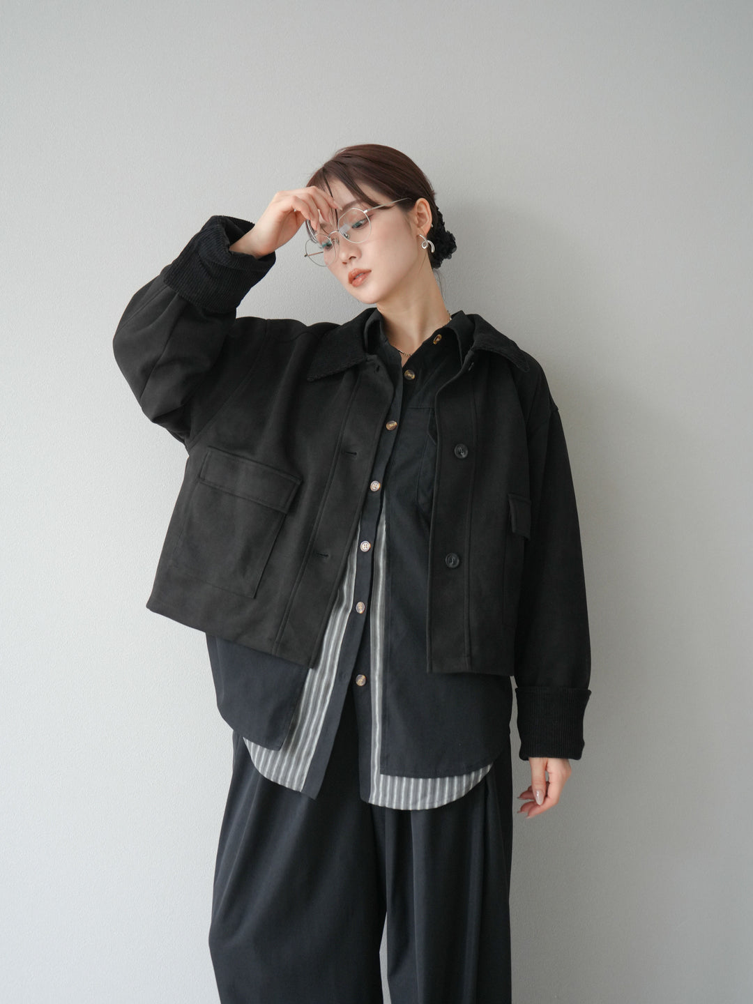 [予約]コーデュロイ切替スウェードショートジャケット/ブラック