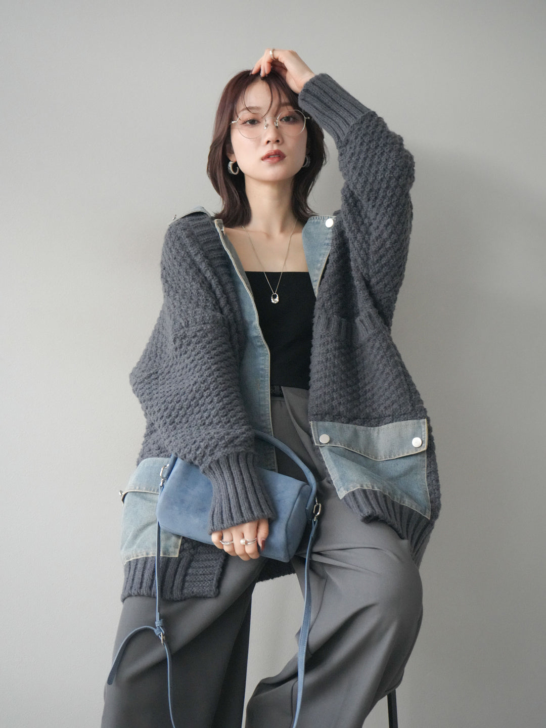 [SET]デニム襟レイヤードニットジャケット+デニム襟レイヤードニットジャケット(2set)