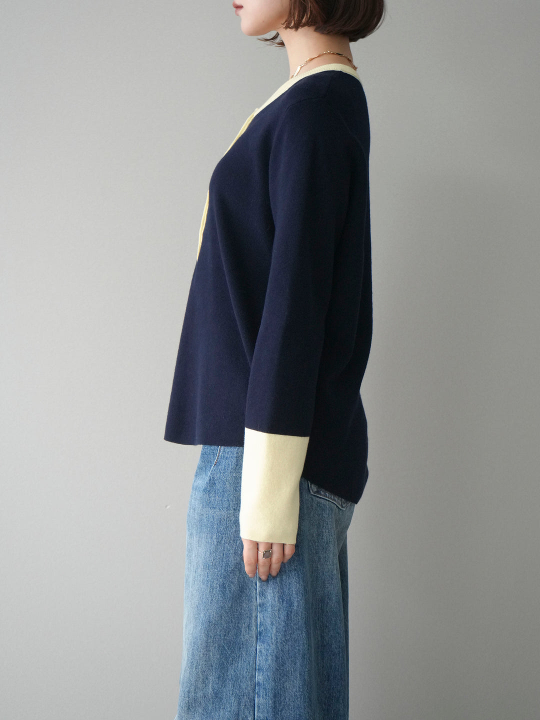 [予約]ヘンリーネック配色ニットソー/navy