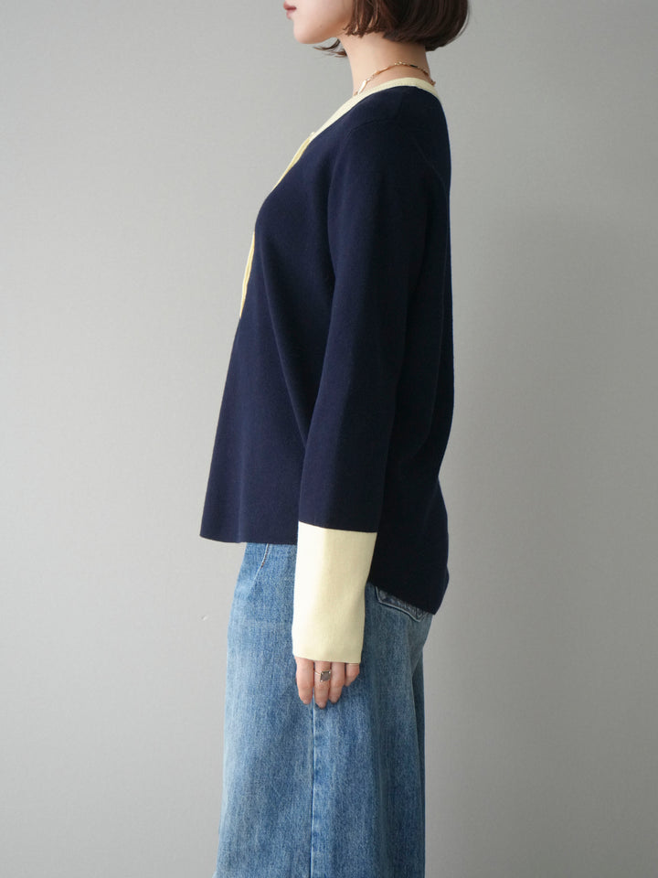 [予約]ヘンリーネック配色ニットソー/navy