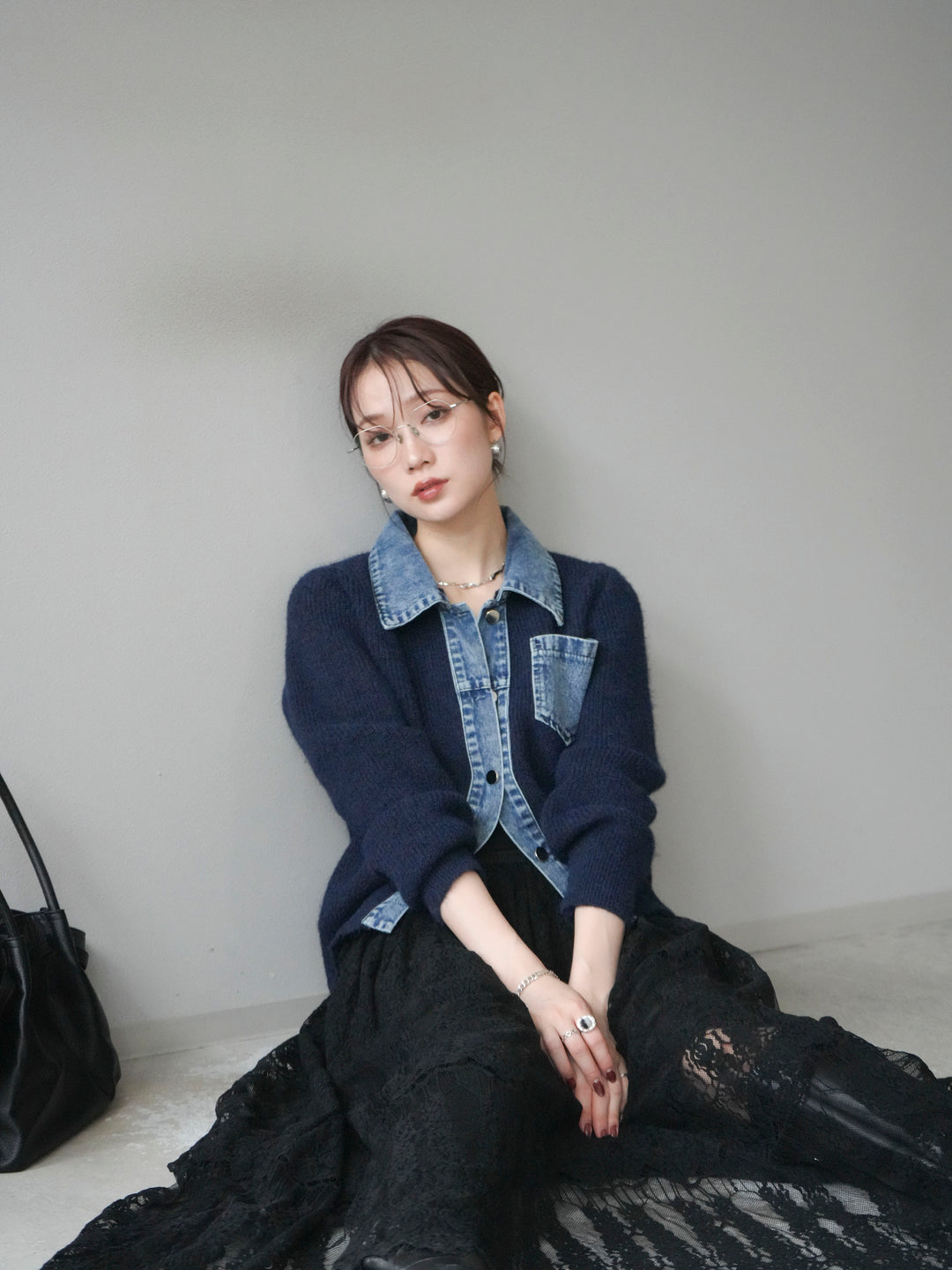 [予約]デニム襟ポケットニットカーディガン/navy