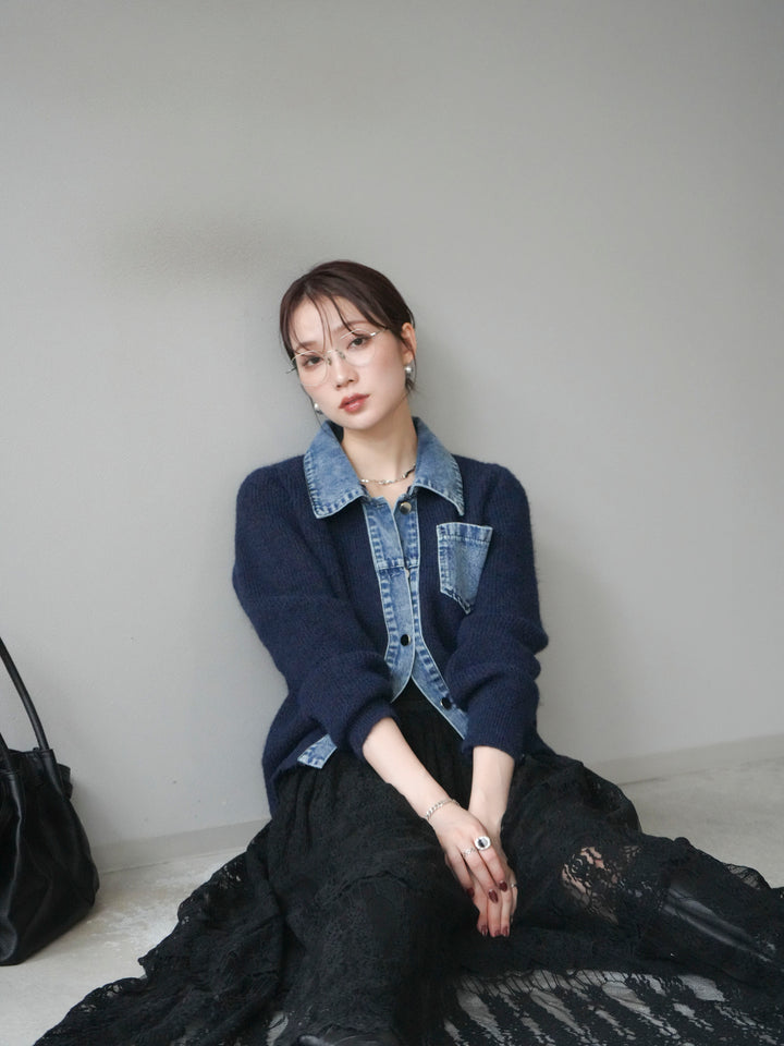 [予約]デニム襟ポケットニットカーディガン/navy