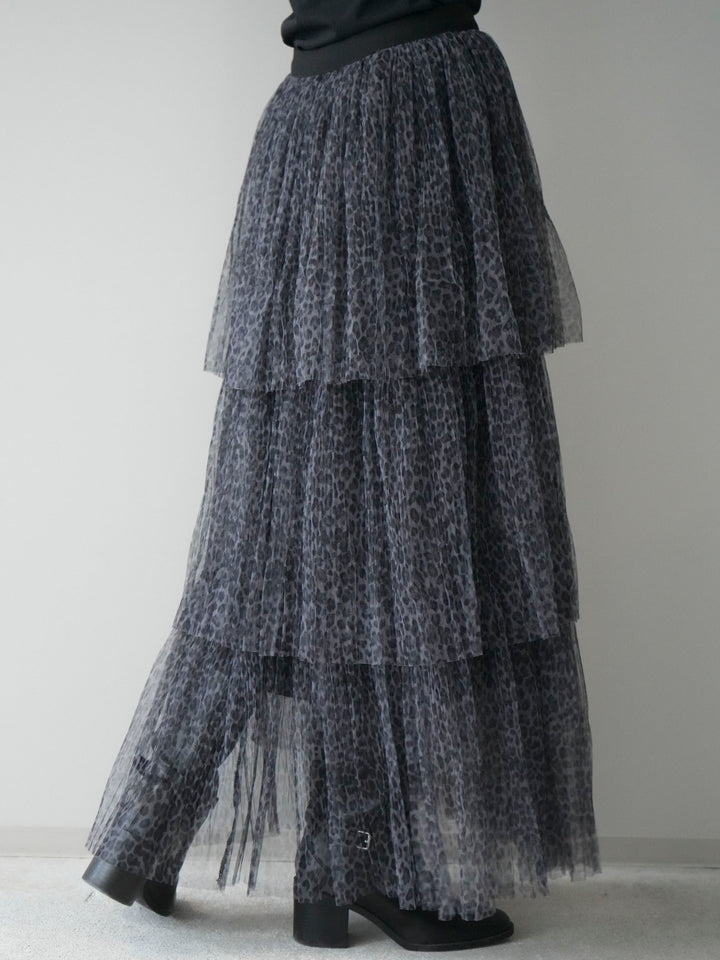 [予約]レオパード柄チュールフリルスカート/gray