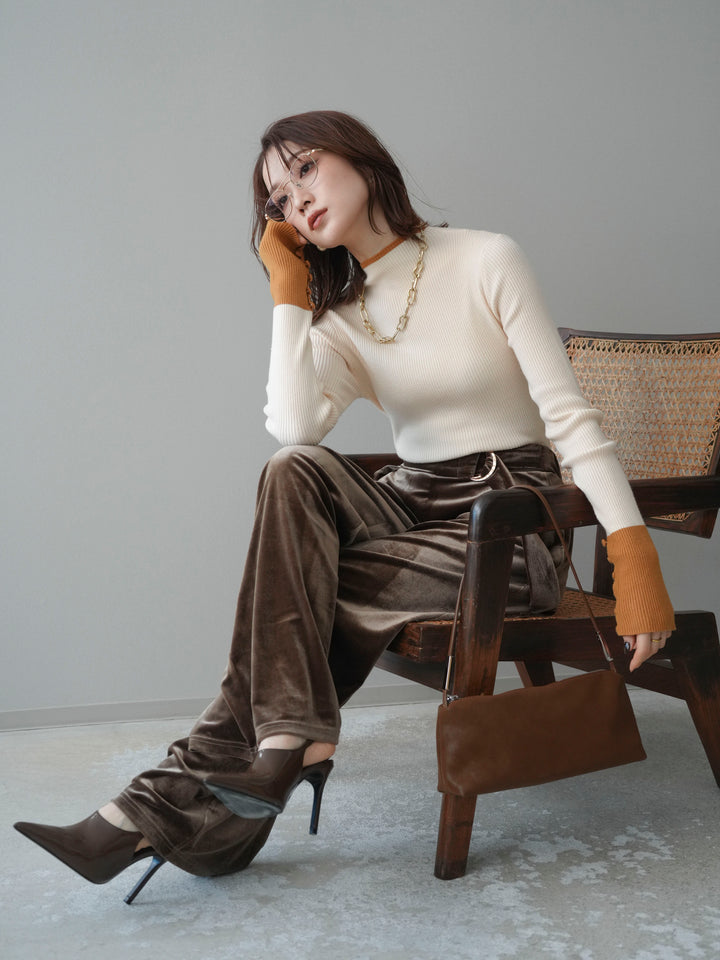 [予約]袖ボタンハイネック配色リブニットトップス/ivory