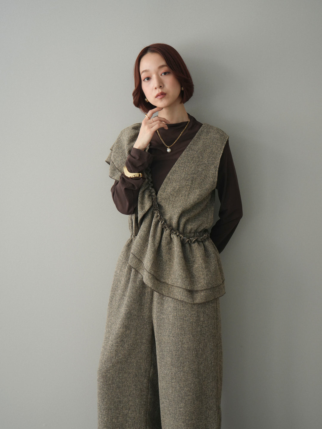 [SET]3WAYミックスツイードギャザーオールインワン+シアープチネックストレッチトップス(2set)