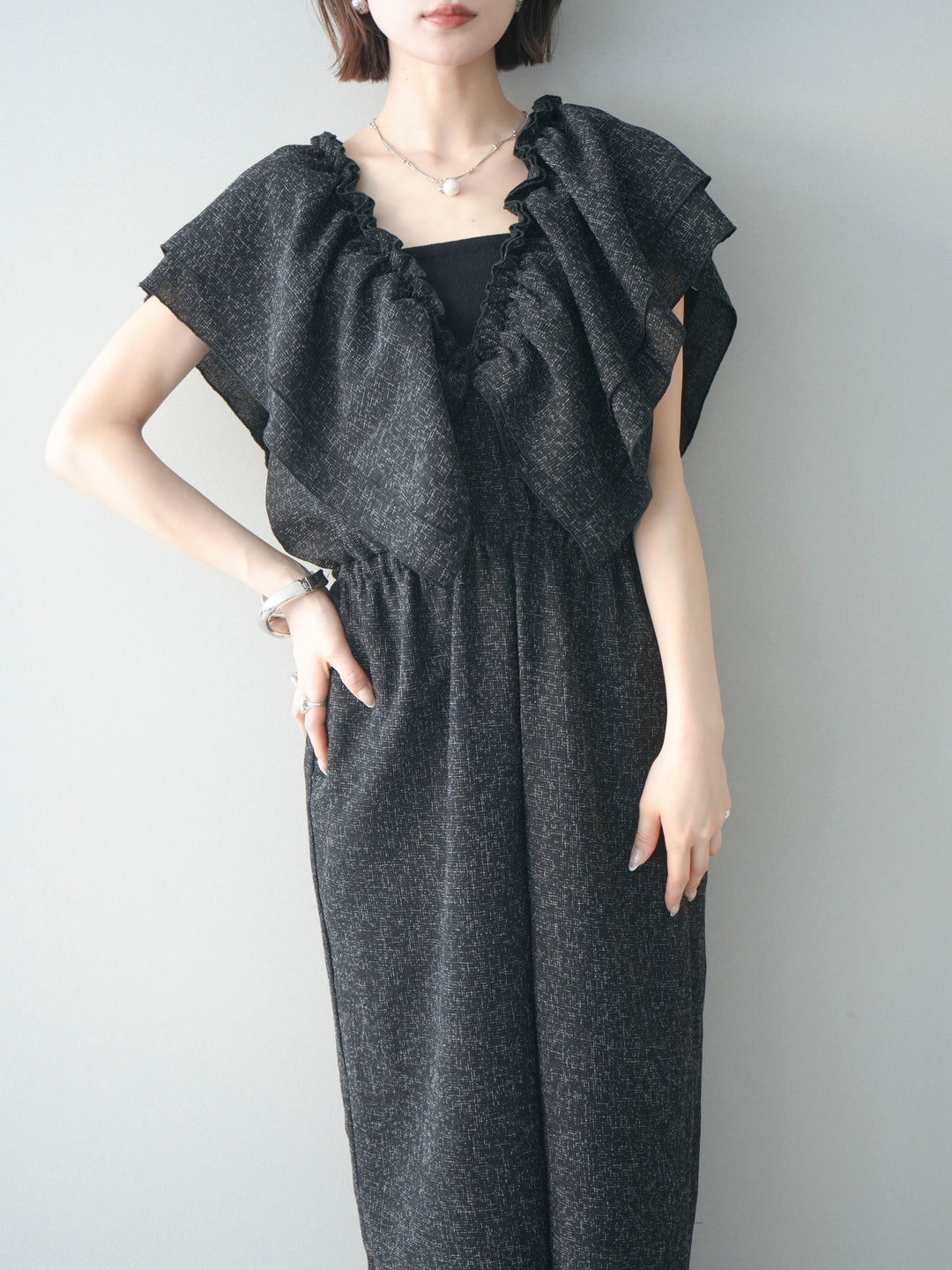 [SET]3WAYミックスツイードギャザーオールインワン+選べるアクセセット(2set)