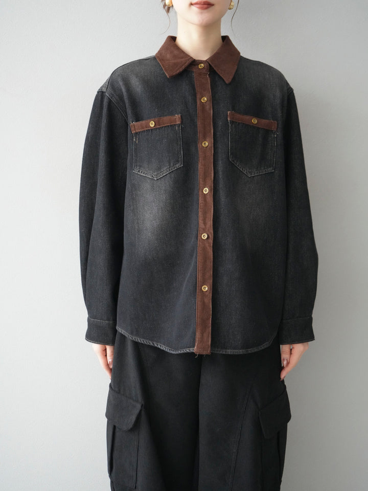 [予約]裏起毛コーデュロイ襟デニムシャツジャケット/black