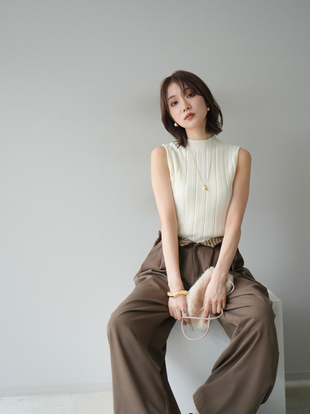 [予約]スリーブレスランダムリブニットトップス/アイボリー