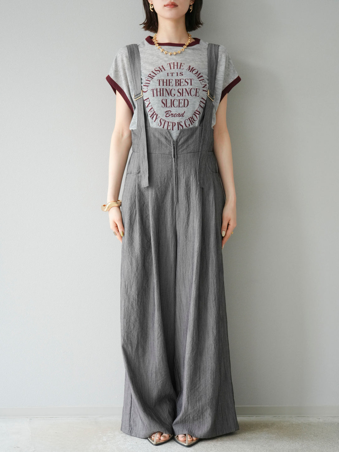 [予約]ストリングデザインハイウエストサロペット/チャコール