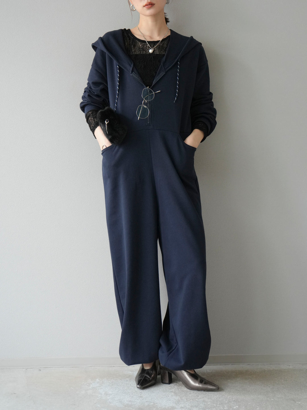 [予約]ミニ裏毛フーディージャンプスーツ/ダークネイビー