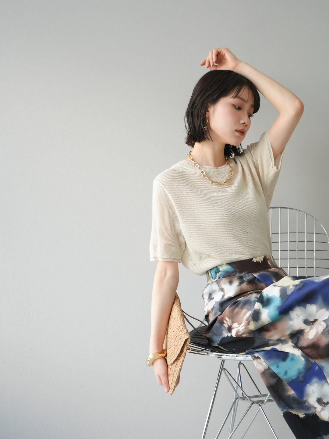 [SET]リネンタッチ配色二重臼ハーフニットトップス+選べるアソート柄スカートセット(2set)