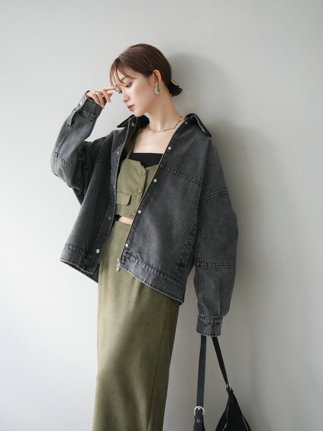 [予約]スウェード襟切替デニムブルゾン/ブラック