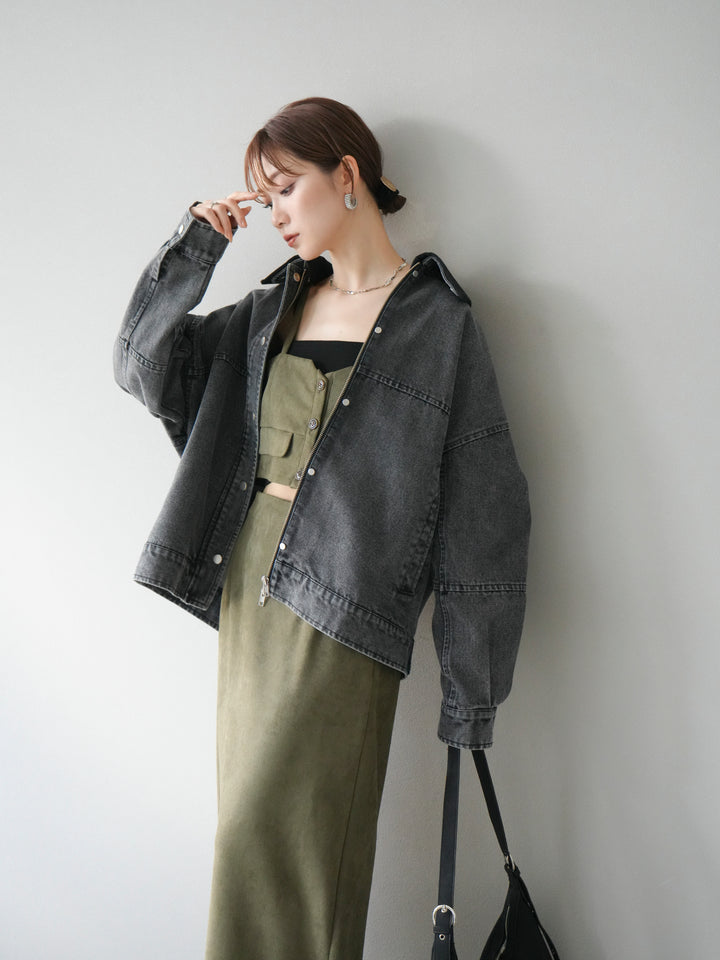 [予約]スウェード襟切替デニムブルゾン/ブラック