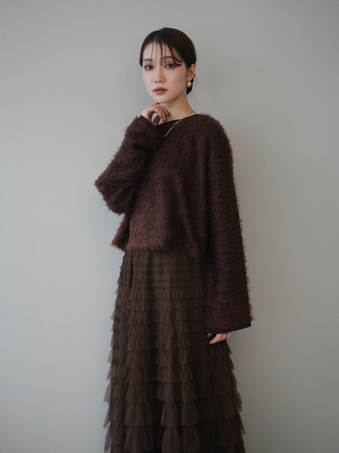 [予約]バイカラー2WAYシャギーニットカーディガン/brown