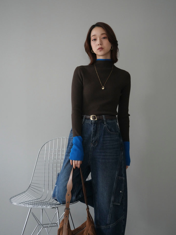 [予約]袖ボタンハイネック配色リブニットトップス/brown